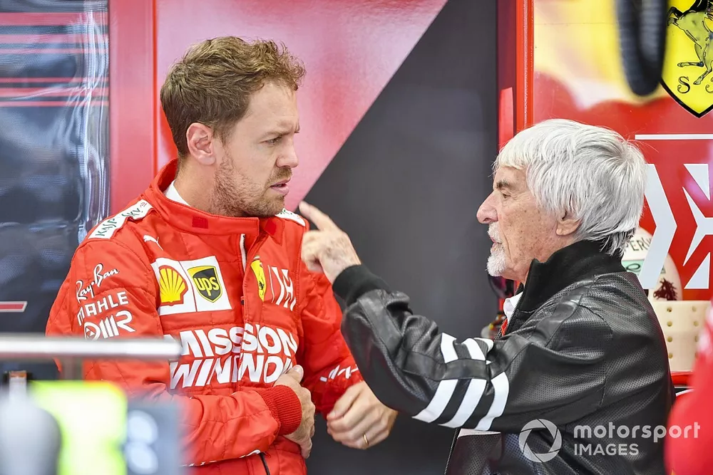 Sebastian Vettel, Ferrari, y Bernie Ecclestone, Presidente Emiritus de Fórmula 1