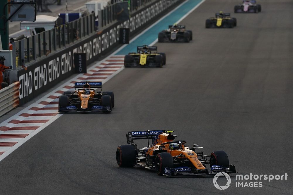 Lando Norris, McLaren MCL34, leads Carlos Sainz Jr., McLaren MCL34, Daniel Ricciardo, Renault F1 Team R.S.19, Kevin Magnussen, Haas F1 Team VF-19, and Nico Hulkenberg, Renault F1 Team R.S. 19