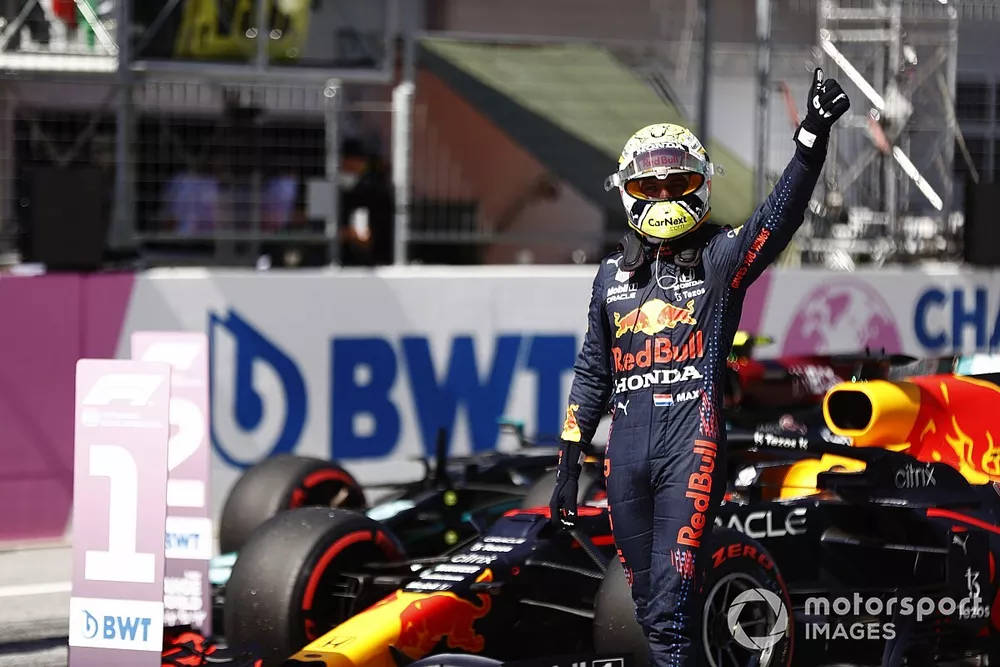 Max Verstappen, Red Bull Racing, celebrates in Parc Ferme after securing pole