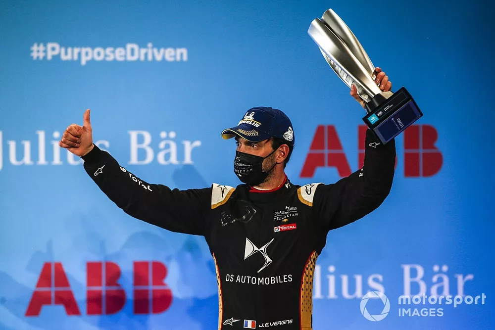Jean-Eric Vergne, DS Techeetah, 3rd position, celebrates on the podium
