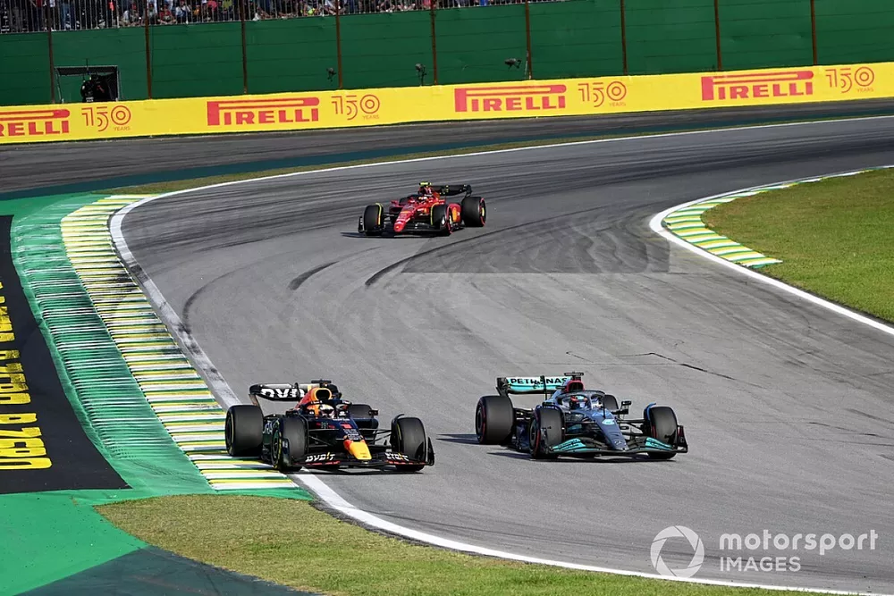 George Russell, Mercedes W13, battles with Max Verstappen, Red Bull Racing RB18