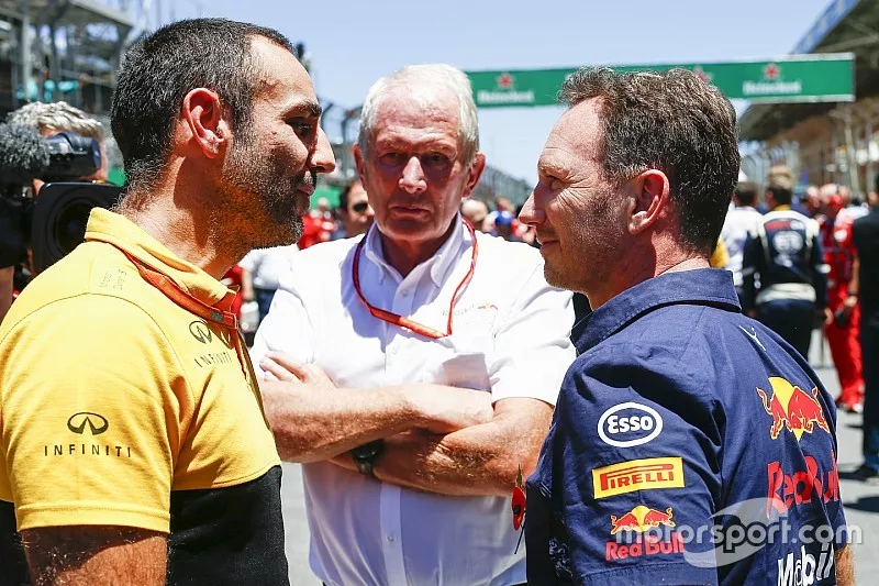 Cyril Abiteboul, directeur général Renault Sport F1 Team, Helmut Marko, Consultant, Red Bull Racing, Christian Horner, Team Principal, Red Bull Racing