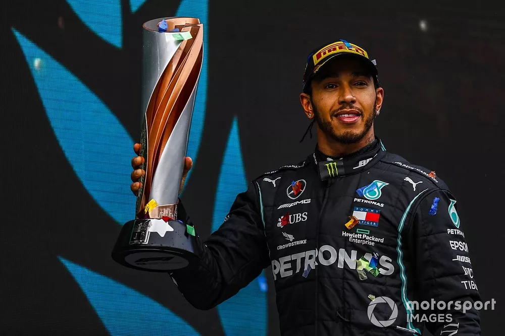 Lewis Hamilton, Mercedes-AMG F1, 1st position, with his trophy