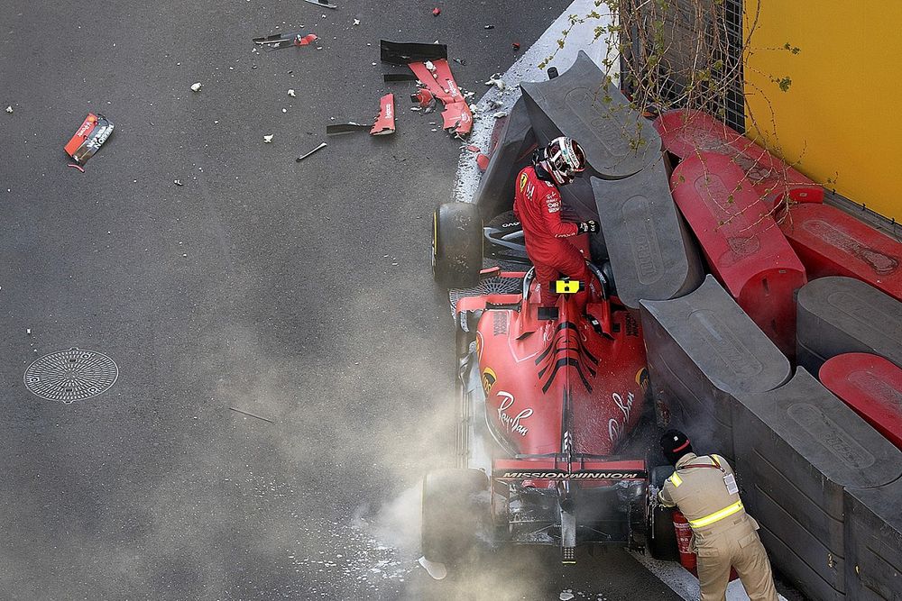 Charles Leclerc, Ferrari SF90 gets out of his crashed car