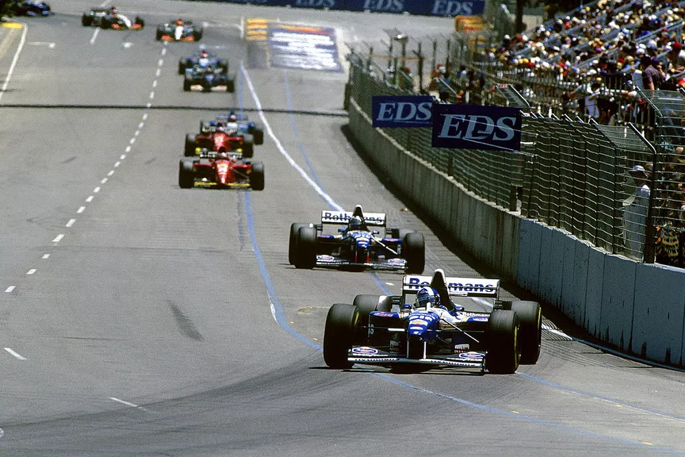 David Coulthard, Willimas FW17B Renault, leads the field on lap 2