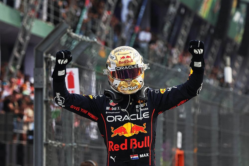 Max Verstappen, Red Bull Racing, 1st position, celebrates in Parc Ferme