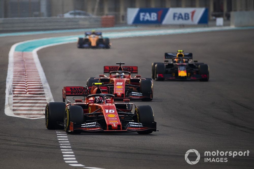 Charles Leclerc, Ferrari SF90, leads Sebastian Vettel, Ferrari SF90, Alexander Albon, Red Bull RB15, and Carlos Sainz Jr., McLaren MCL34