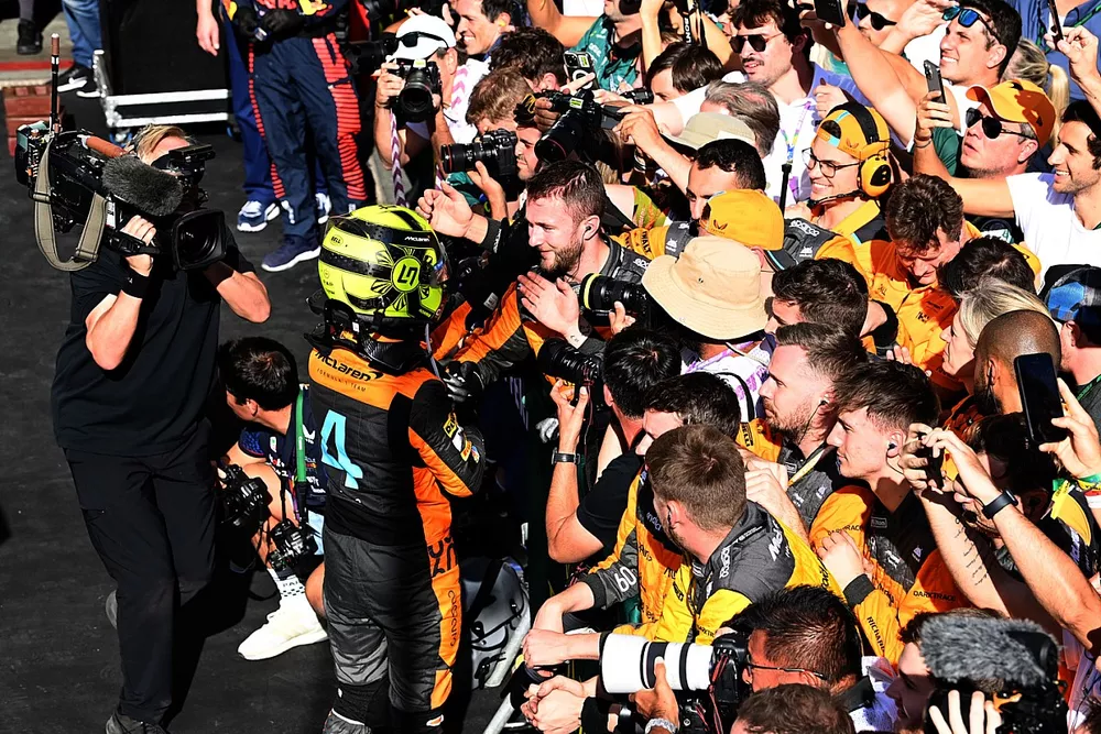 Lando Norris, McLaren, 2nd position, celebrates with his team on arrival in Parc Ferme
