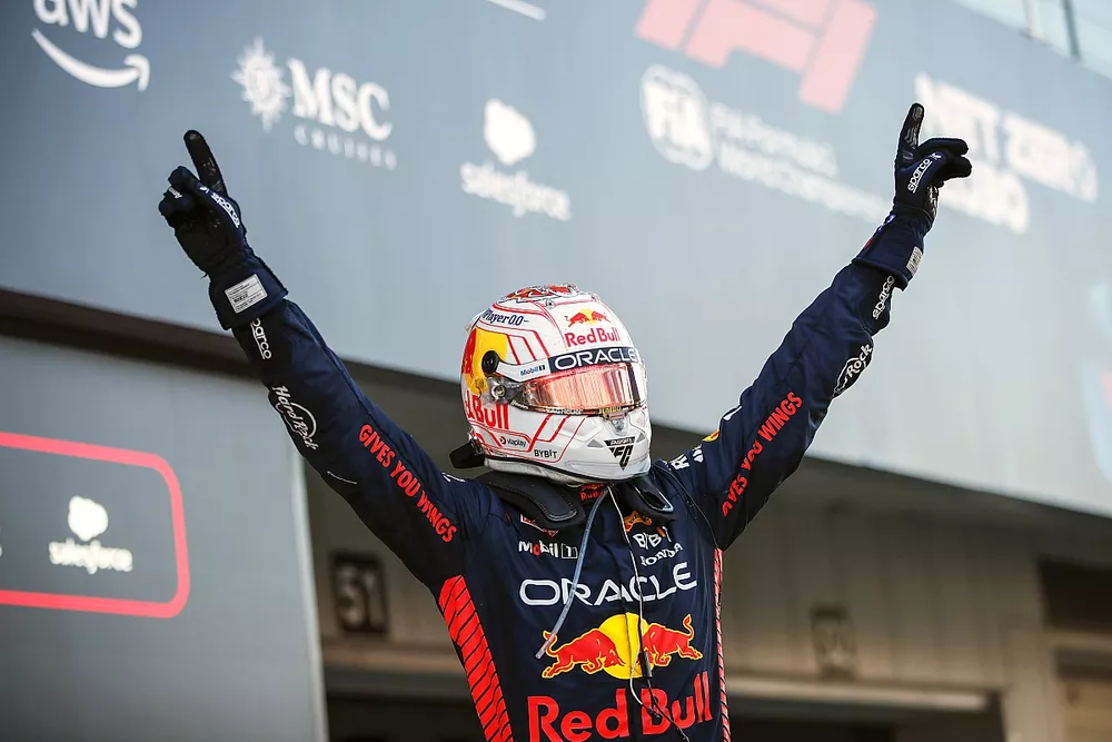 Max Verstappen, Red Bull Racing, 1st position, celebrates on arrival in Parc Ferme