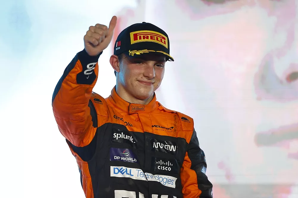Oscar Piastri, McLaren, 2nd position, arrives on the podium