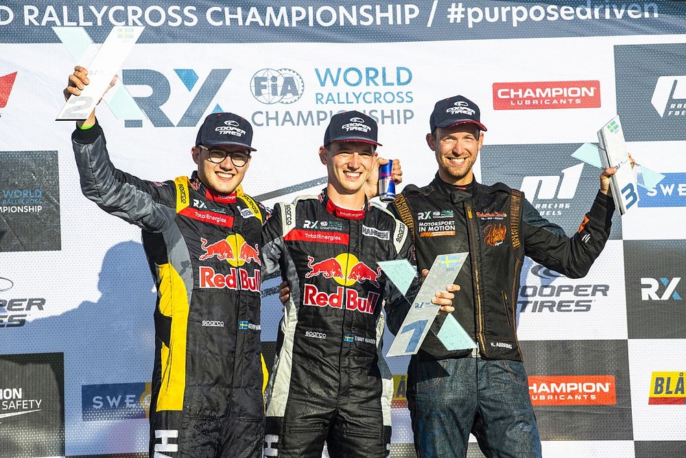 Podium: Winner Timmy Hansen, Hansen World RX Team Peugeot 208, second place Kevin Hansen, Hansen World RX Team Peugeot 208, third place Kevin Abbring, Unkorrupted Renault Mégane RS