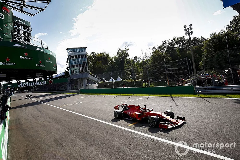 Race winner Charles Leclerc, Ferrari SF90 celebrates crossing the finish line