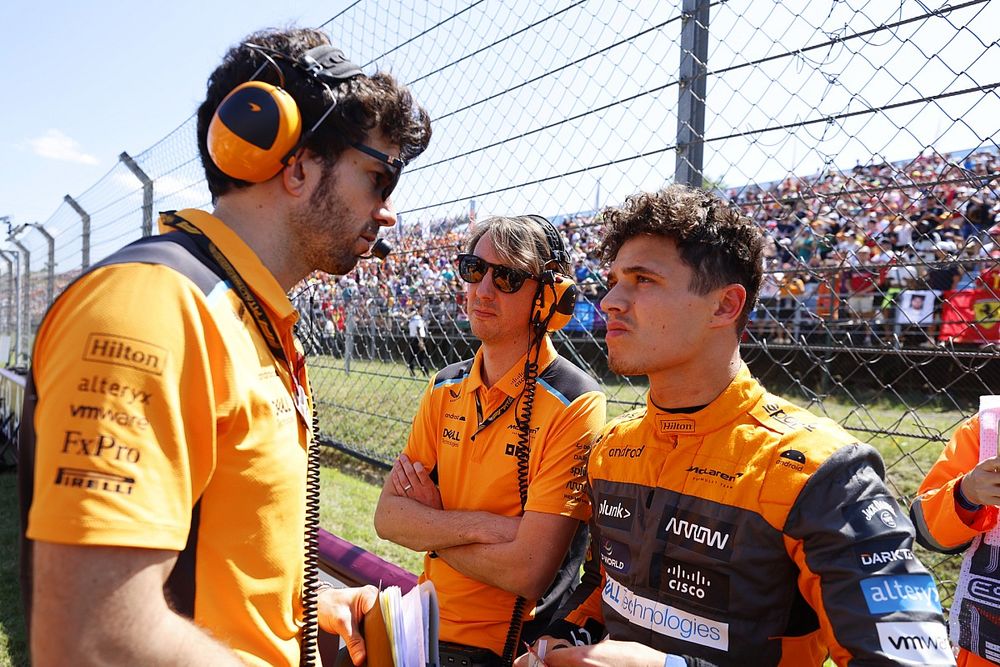 Lando Norris, McLaren, on the grid with engineers