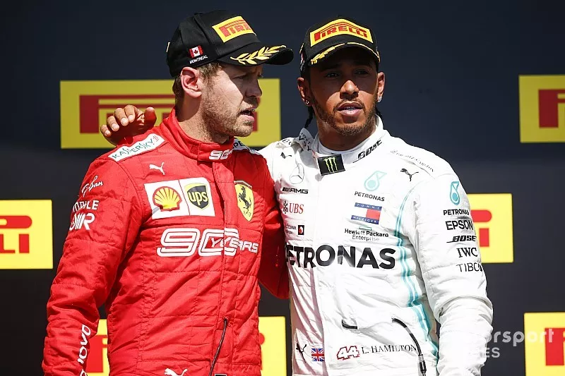 Sebastian Vettel, Ferrari en Lewis Hamilton, Mercedes AMG F1