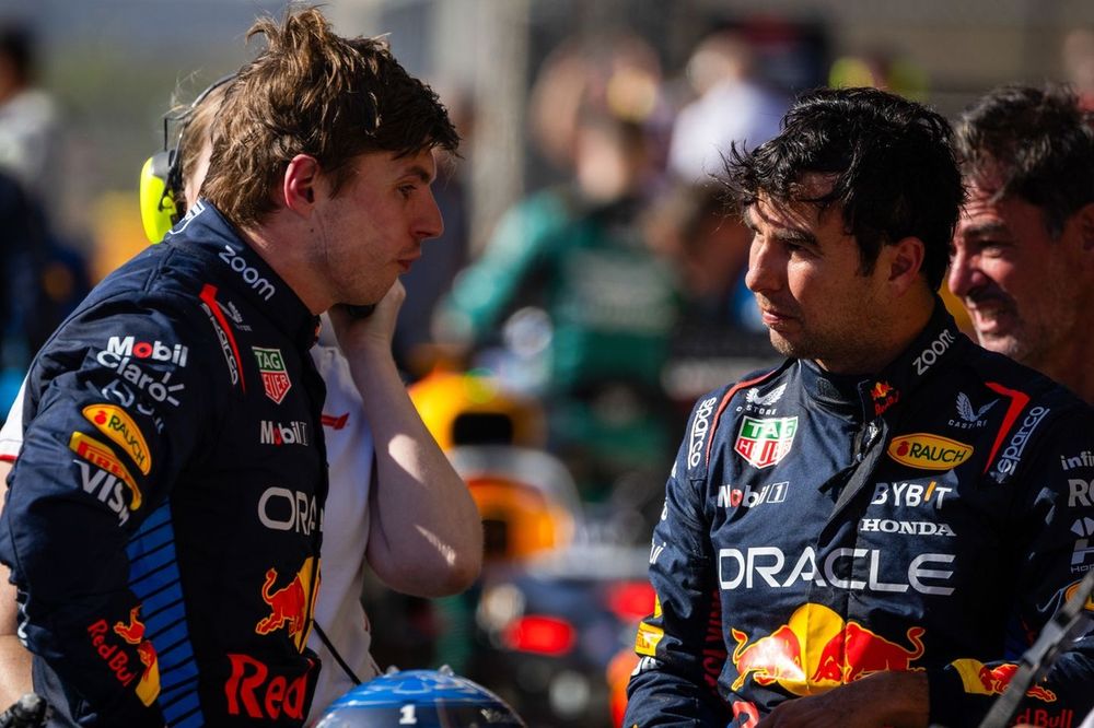 Max Verstappen, Red Bull Racing, 3rd position, Sergio Perez, Red Bull Racing, talk in Parc Ferme