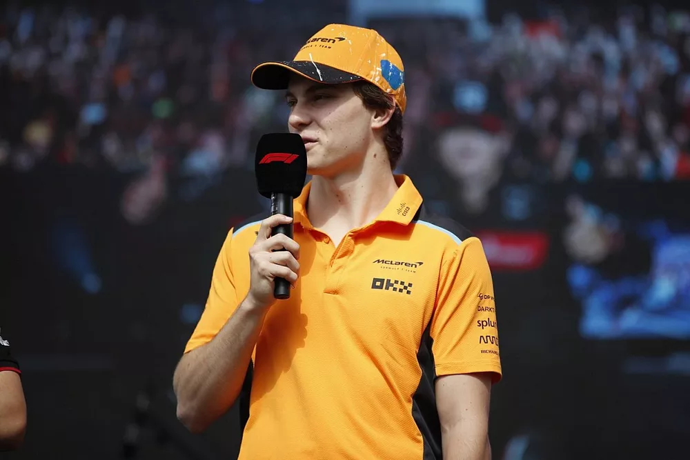 Oscar Piastri, McLaren, on stage in the Fanzone