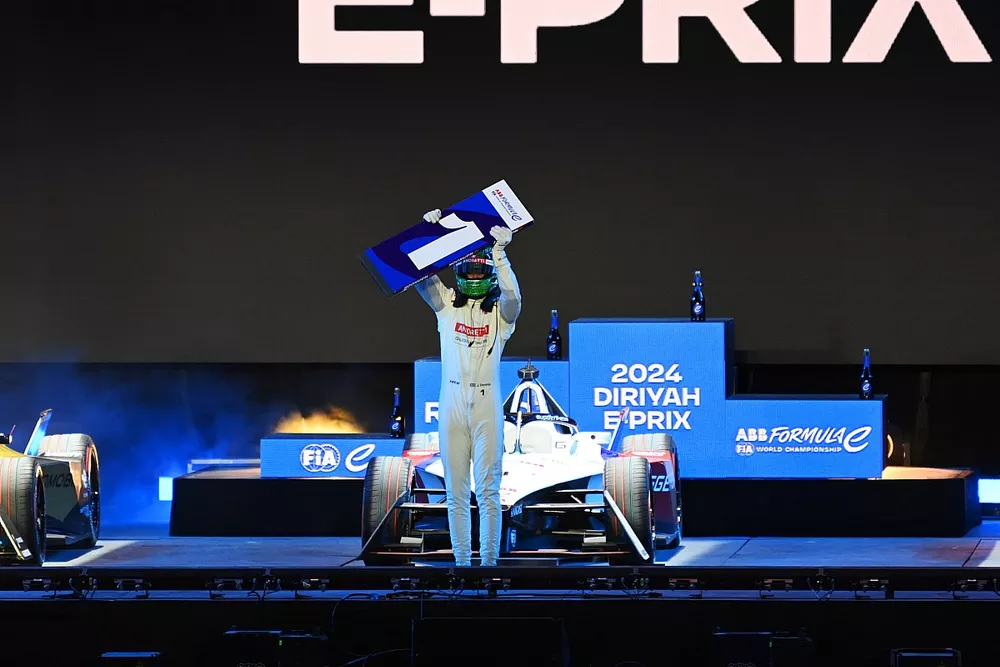 Jake Dennis, Andretti Global, 1st position, celebrates on the podium