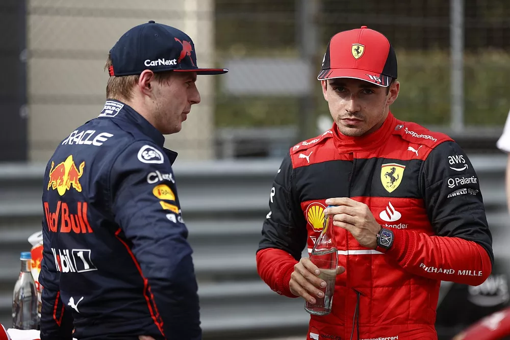 Max Verstappen, Red Bull Racing, 1st position, Charles Leclerc, Ferrari, 2nd position, in Parc Ferme after the Sprint race