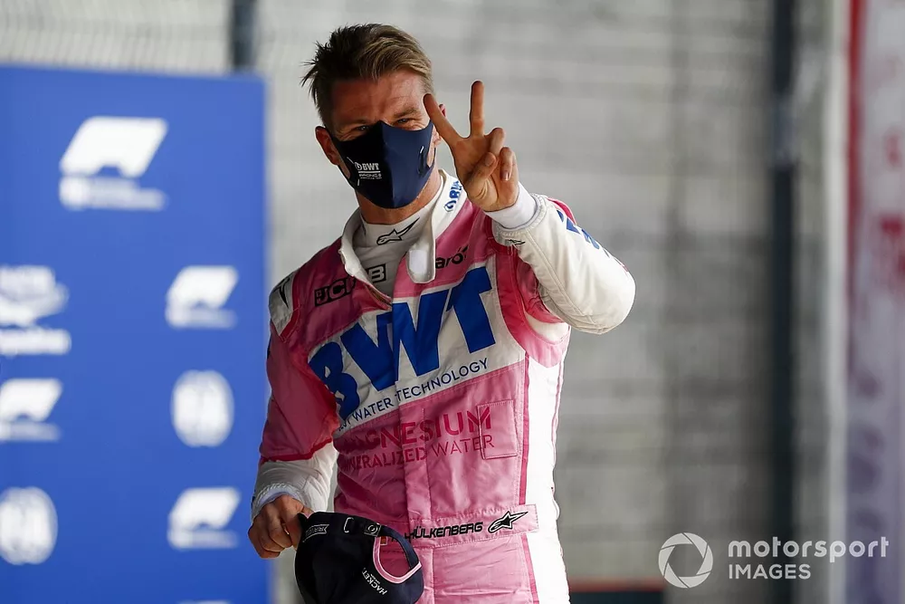Nico Hulkenberg, Racing Point celebrates in Parc Ferme 