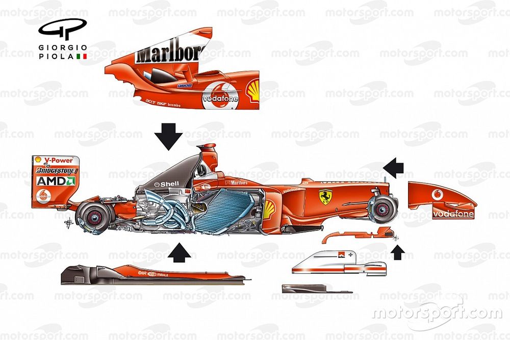 Ferrari F2004 (655) 2004, vista laterale esplosa