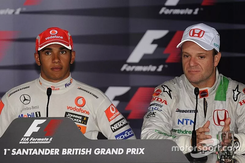 Press conference: race winner Lewis Hamilton with third place Rubens Barrichello