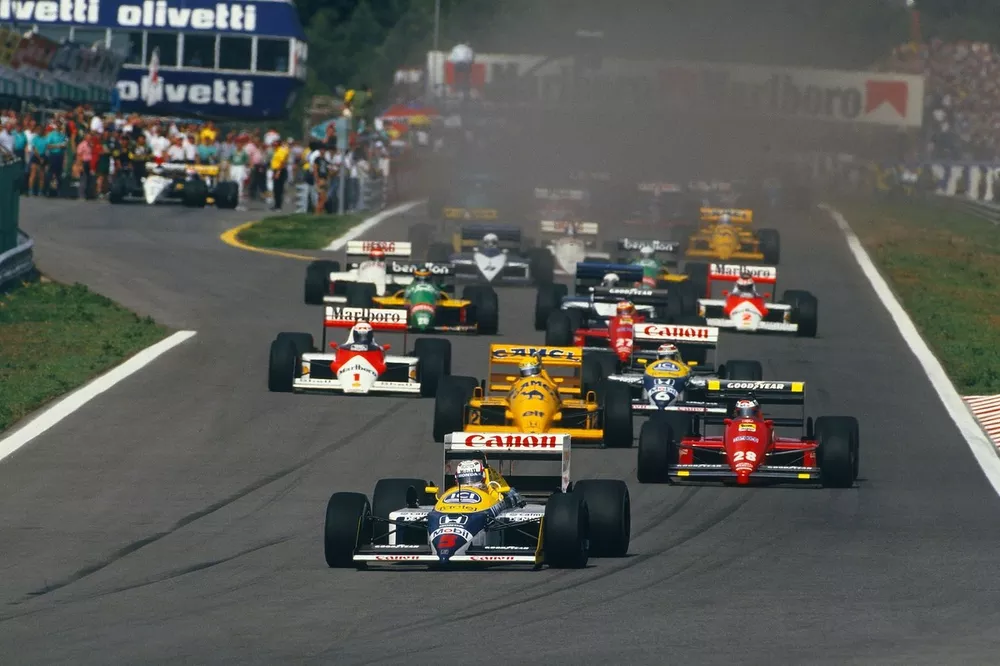 Nigel Mansell, Williams FW11B Honda, Gerhard Berger, Ferrari F187, Ayrton Senna, Lotus 99T Honda