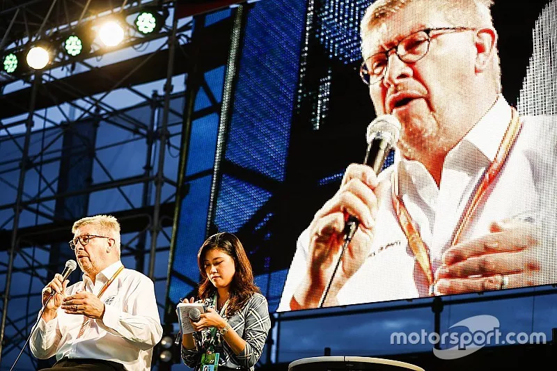  Ross Brawn, Managing Director of Motorsports, FOM, on stage in the F1 Fanzone