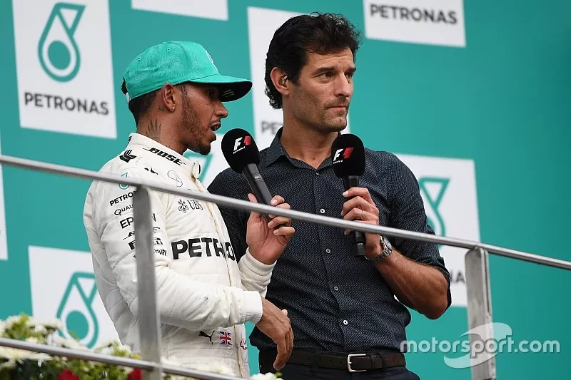 Lewis Hamilton, Mercedes AMG F1 en Mark Webber, op het podium