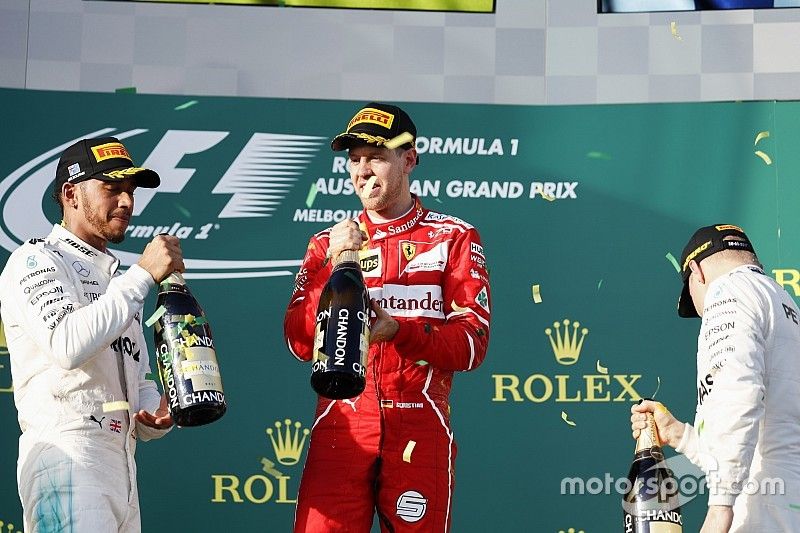 Lewis Hamilton, Mercedes AMG, Sebastian Vettel, Ferrari y Valtteri Bottas, Mercedes AMG en el podium