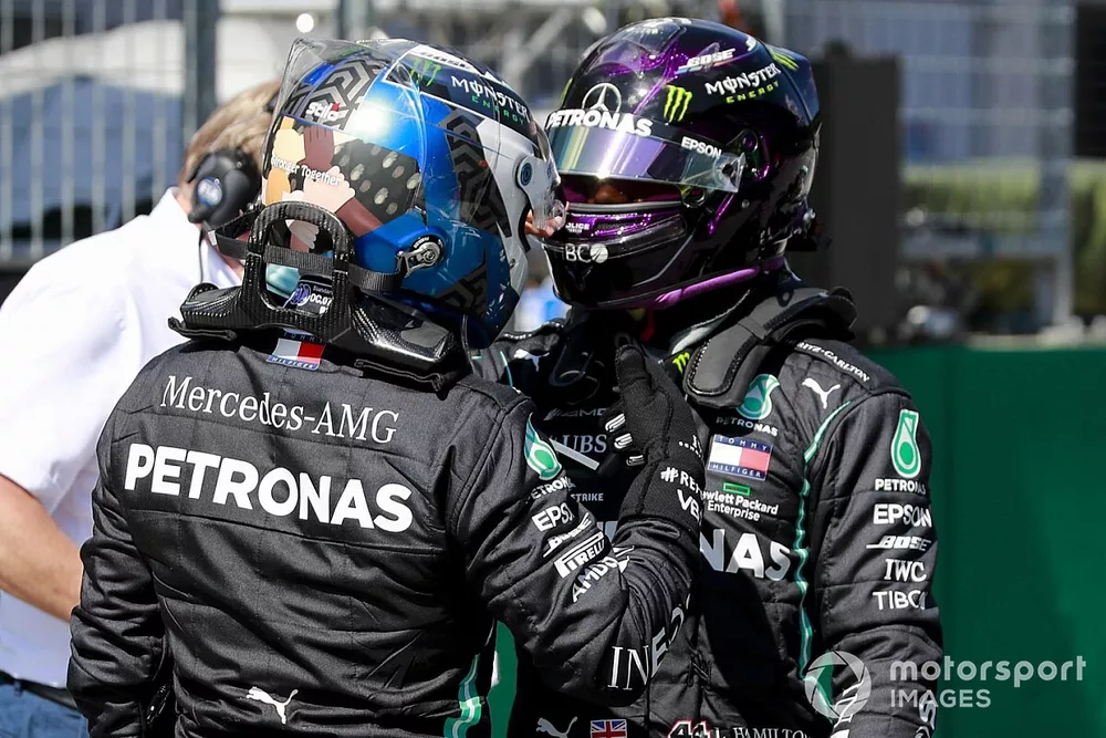 Pole man Valtteri Bottas, Mercedes-AMG Petronas F1, and Lewis Hamilton, Mercedes-AMG Petronas F1, congratulate each other on the grid after Qualifying