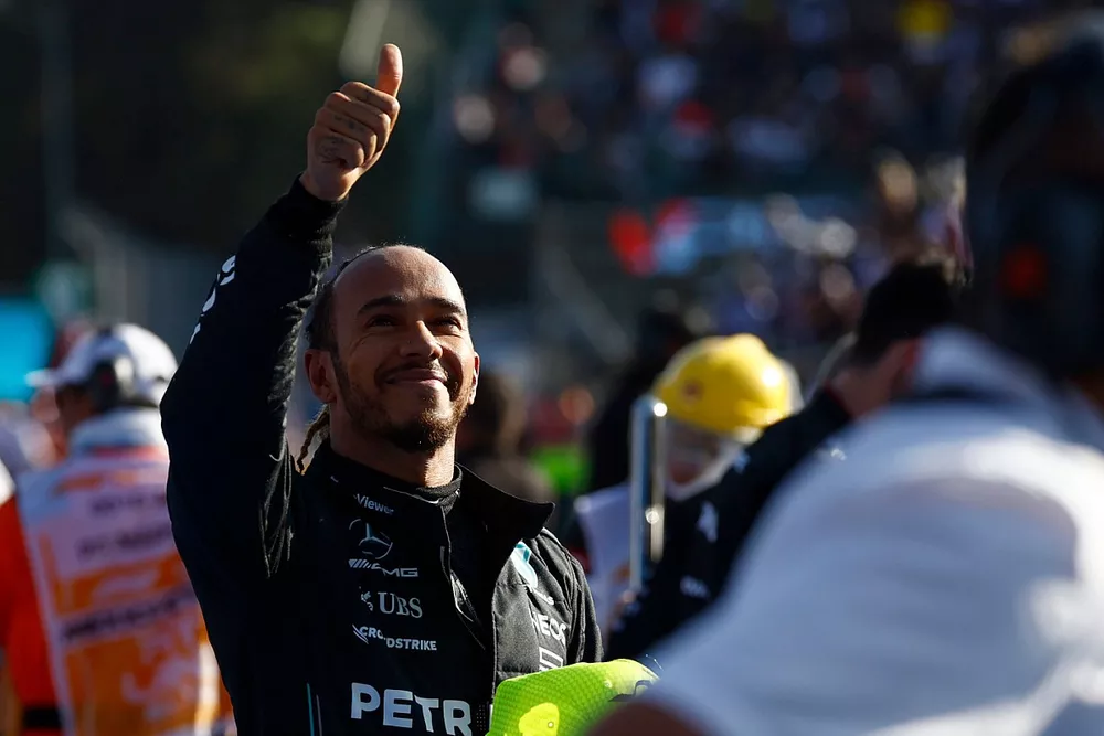 Lewis Hamilton, Mercedes-AMG, 2nd position, gives a thumbs up from Parc Ferme