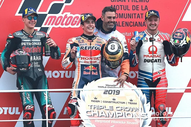 Podio: ganador de la carrera  Marc Marquez, Repsol Honda Team, segundo Fabio Quartararo, Petronas Yamaha SRT, tercero Jack Miller, Pramac Racing