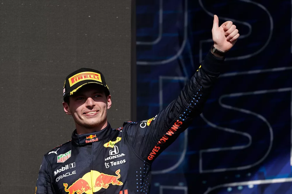 Max Verstappen, Red Bull Racing, 1st position, arrives on the podium