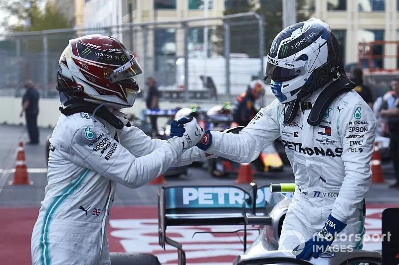 Lewis Hamilton, Mercedes AMG F1, 2nd position, congratulates Valtteri Bottas, Mercedes AMG F1, 1st position, in Parc Ferme
