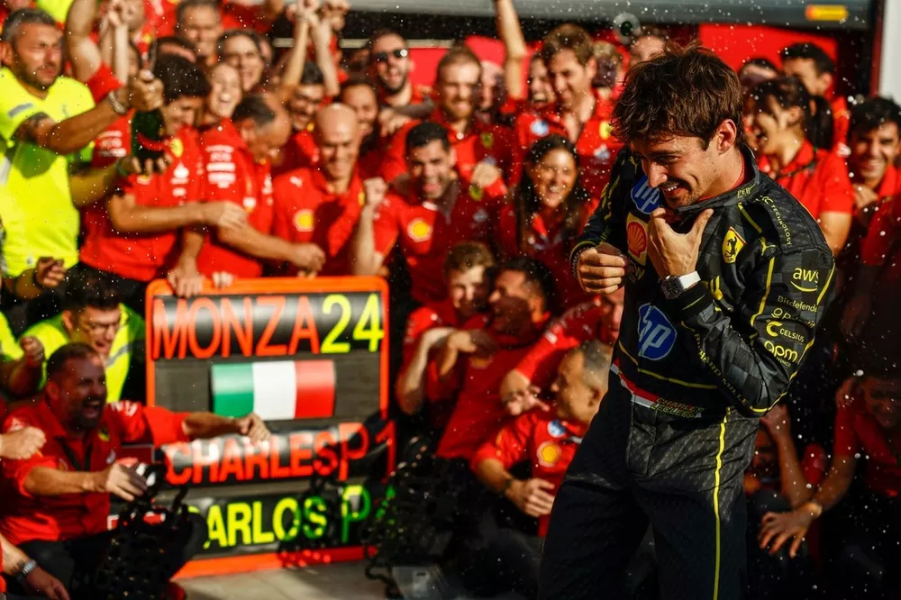 Charles Leclerc, Scuderia Ferrari, 1st position, the Ferrari team celebrate victory