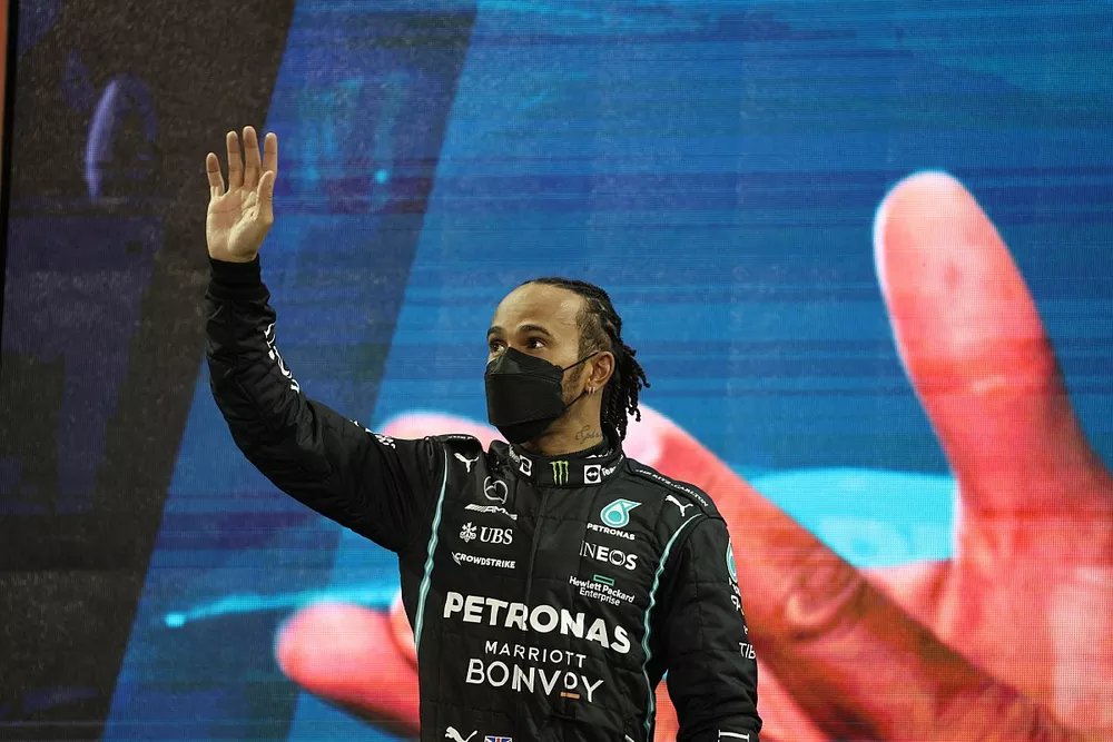 Lewis Hamilton, Mercedes, 2nd position, waves from the podium