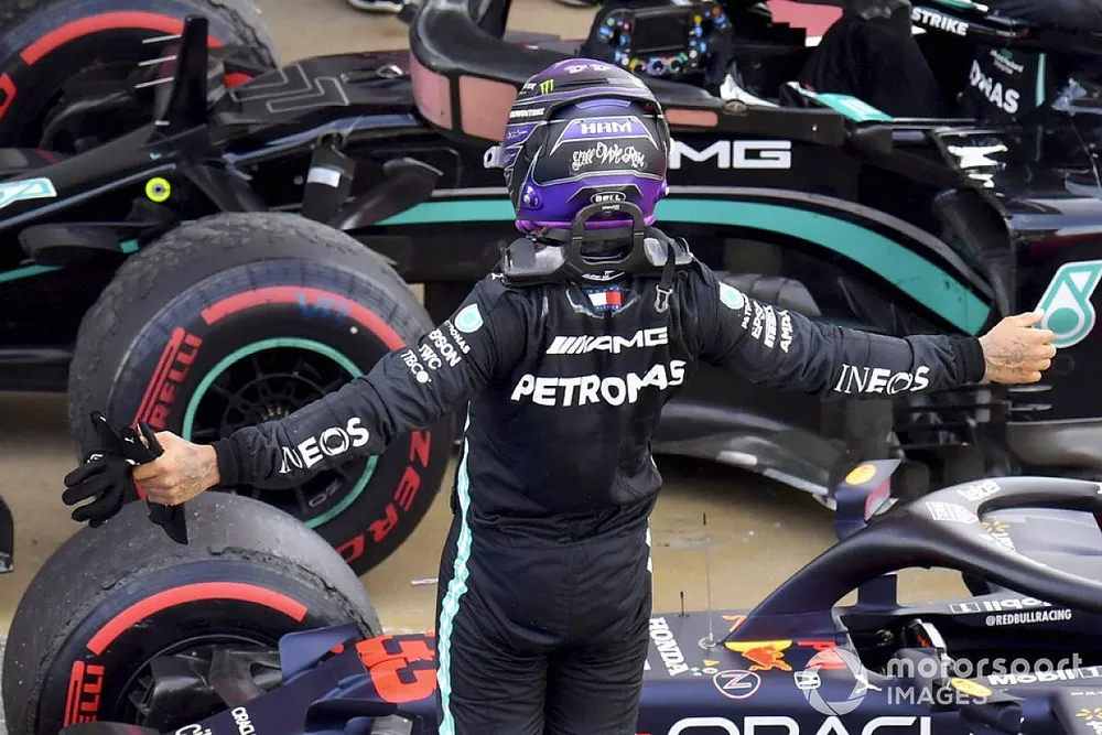 Lewis Hamilton, Mercedes, 1st position, celebrates on arrival in Parc Ferme