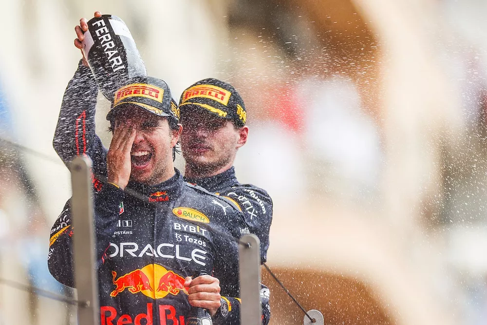 Podium: Race winner Sergio Perez, Red Bull Racing, Max Verstappen, Red Bull Racing