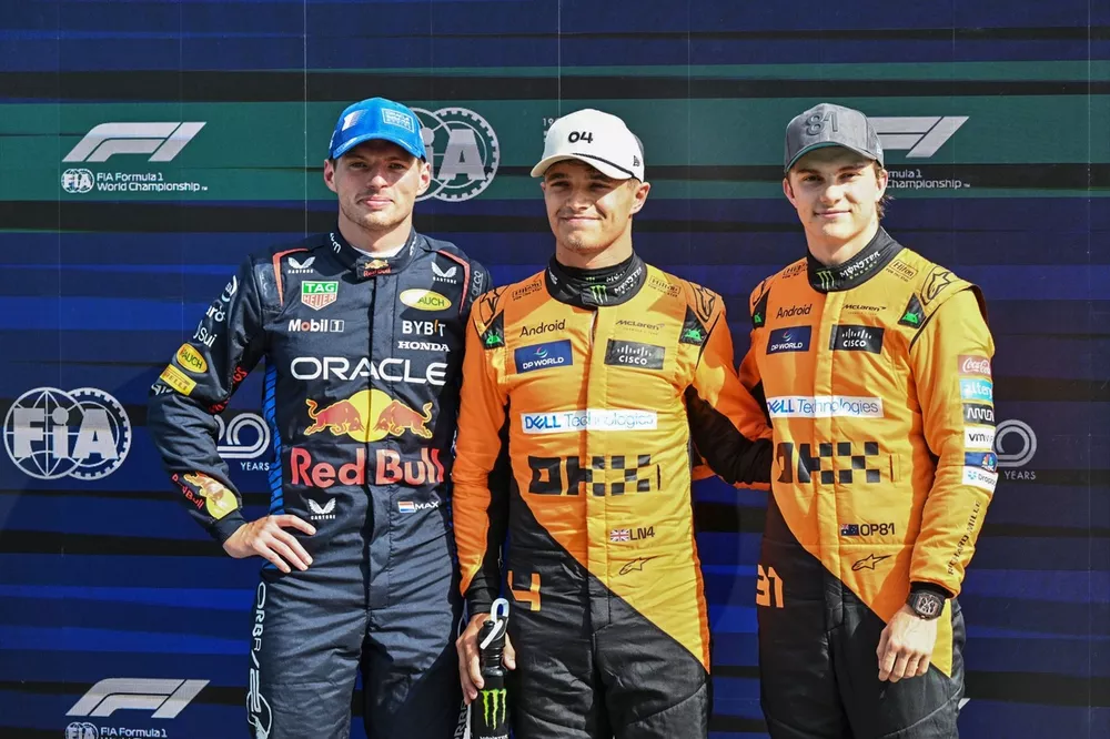 Top three Qualifiers Max Verstappen, Red Bull Racing, pole man Lando Norris, McLaren F1 Team, Oscar Piastri, McLaren F1 Team
