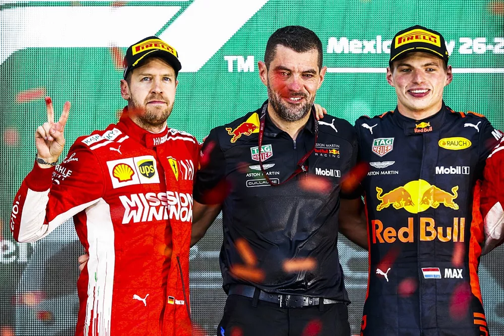 Sebastian Vettel, Ferrari, 2nd position, Guillaume Rocquelin, Head of Race Engineering, Red Bull Racing, Max Verstappen, Red Bull Racing, 1st position, and Kimi Raikkonen, Ferrari, 3rd position, on the podium