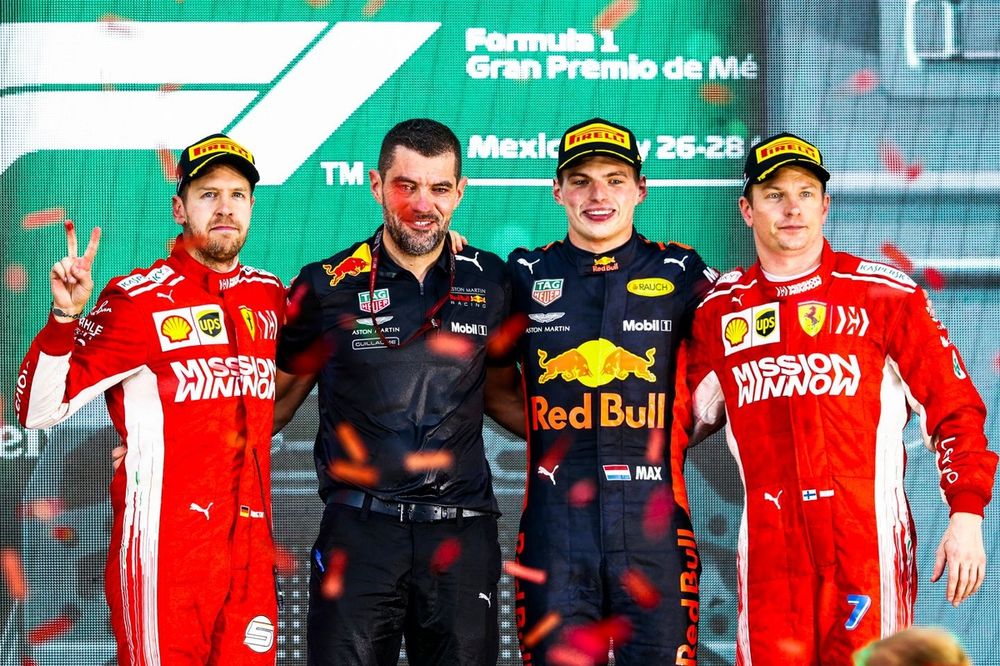 Sebastian Vettel, Ferrari, 2nd position, Guillaume Rocquelin, Head of Race Engineering, Red Bull Racing, Max Verstappen, Red Bull Racing, 1st position, and Kimi Raikkonen, Ferrari, 3rd position, on the podium