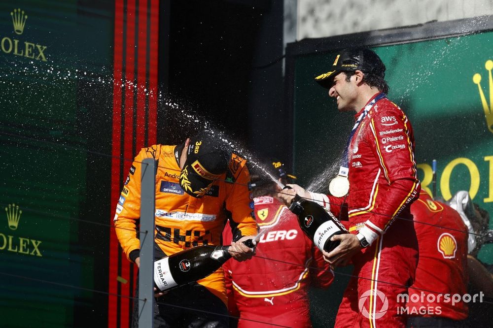 Lando Norris, McLaren F1 Team, 3rd position, Carlos Sainz, Scuderia Ferrari, 1st position, celebrate on the podium