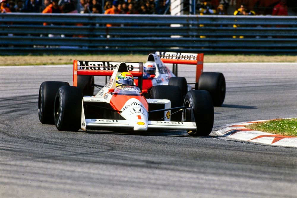 Ayrton Senna, McLaren MP4-5 Honda, leads Alain Prost, McLaren MP4-5 Honda