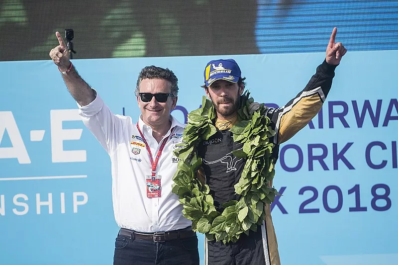 Alejandro Agag, CEO, Formula E, Jean-Eric Vergne, Techeetah, celebrate on the podium