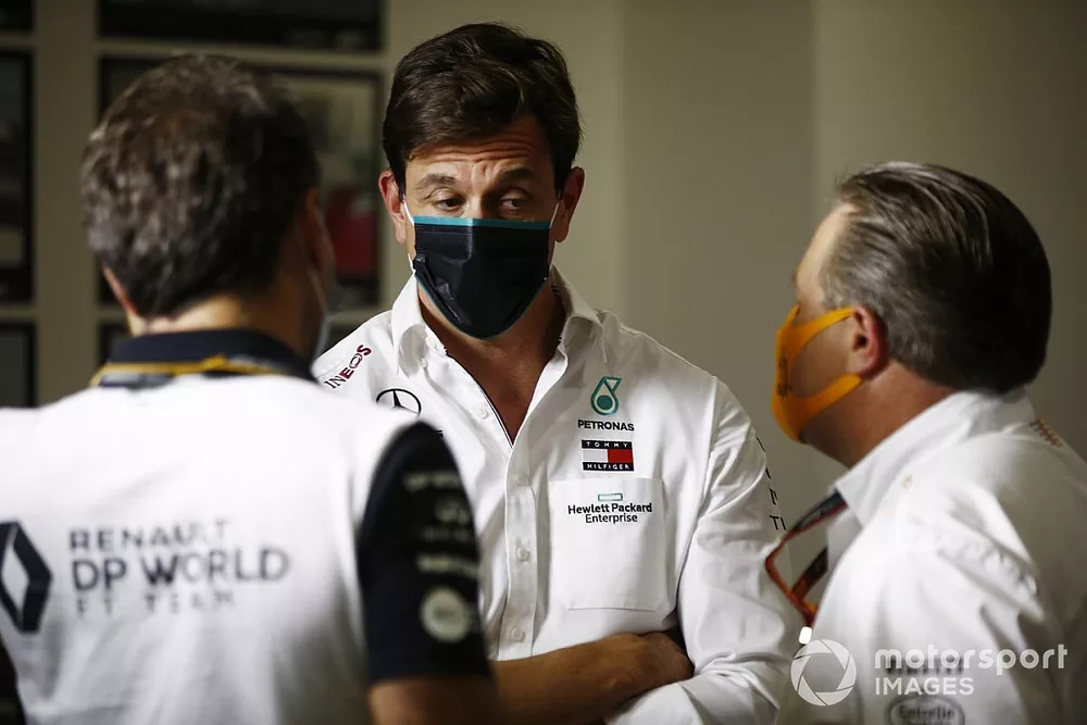 Toto Wolff, Executive Director (Business), Mercedes AMG, Zak Brown, Executive Director, McLaren and Cyril Abiteboul, Managing Director, Renault F1 Team 