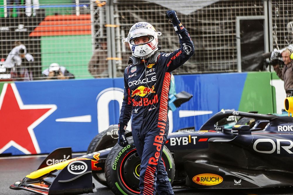 Max Verstappen, Red Bull Racing, 1st position, celebrates on arrival in Parc Ferme