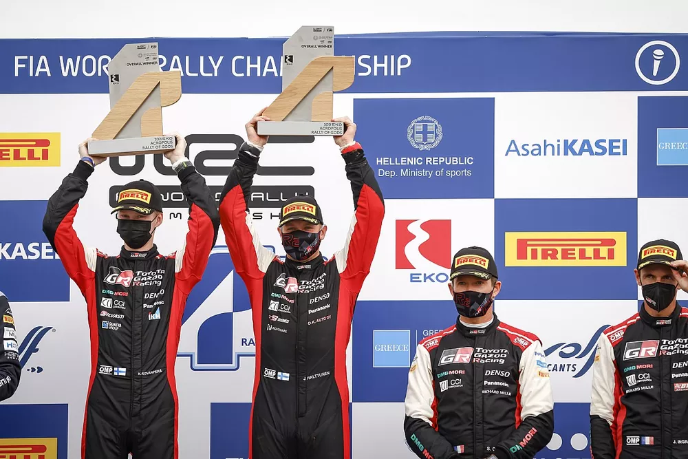 Podium: Kalle Rovanper&auml;, Jonne Halttunen, Toyota Gazoo Racing WRT Toyota Yaris WRC, S&eacute;bastien Ogier, Julien Ingrassia, Toyota Gazoo Racing WRT Toyota Yaris WRC