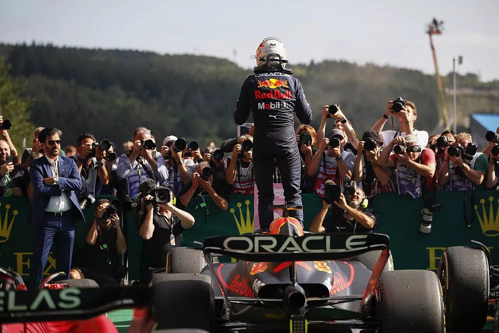 Max Verstappen, Red Bull Racing, 1st position, celebrates on arrival in Parc Ferme