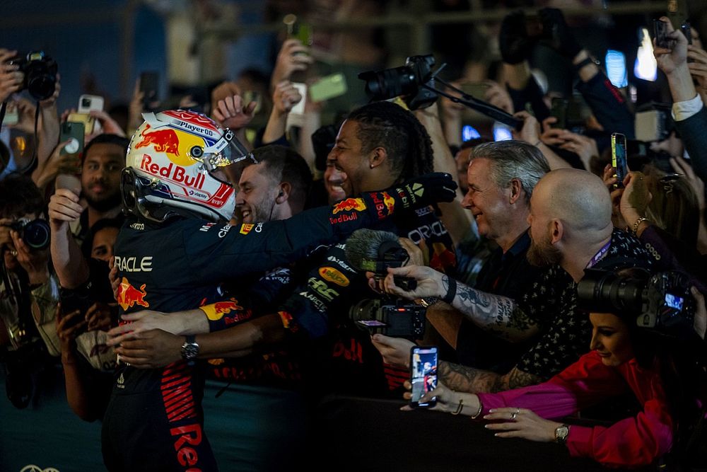 Max Verstappen, Red Bull Racing, 1st position, celebrates on arrival in Parc Ferme
