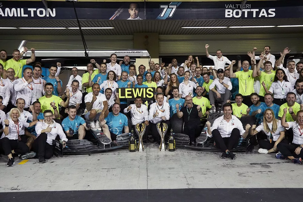 Lewis Hamilton, Mercedes AMG F1, Valtteri Bottas, Mercedes AMG F1, Toto Wolff, Executive Director (Business), Mercedes AMG, and the entire Mercedes team at the track celebrate victory in the race and the Championships